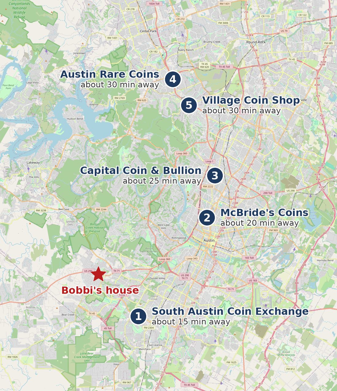 Map of Austin showing Bobbi's house in the southwest and the five coin shops, with drive times
