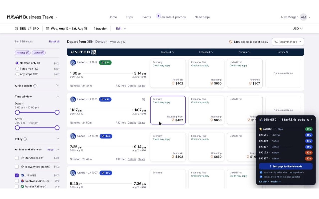 The same route inside Navan Business Travel, with odds badges on four United flights and the extension’s panel open showing a “Sort page by Starlink odds” button.