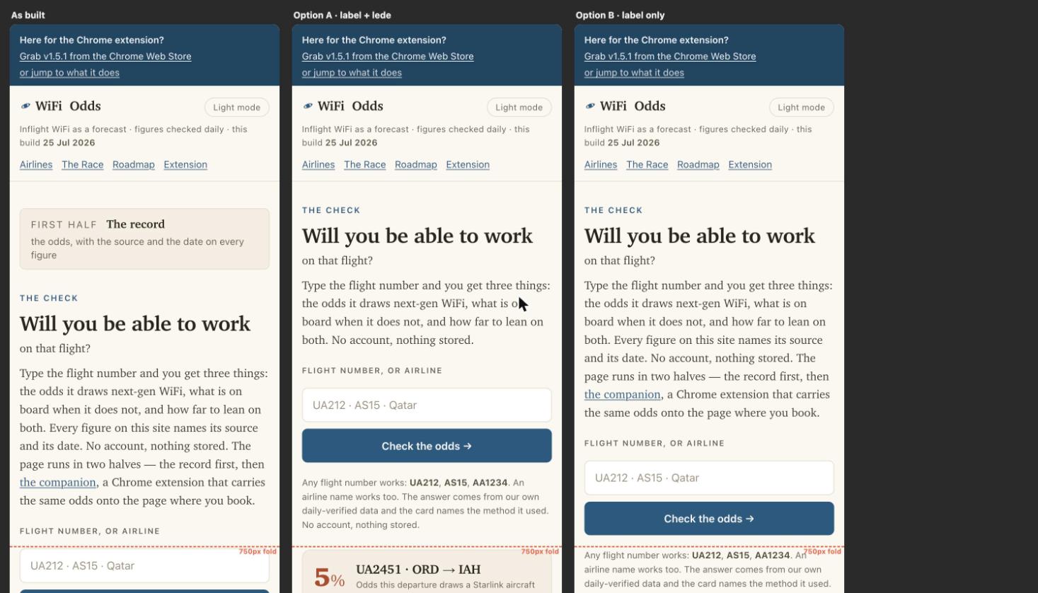 The three variants at 390px, light mode, with a fold line at 750px